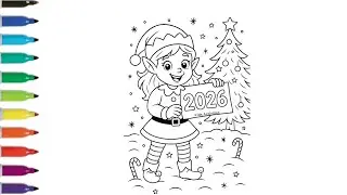How To Draw Cute Christmas Elf Holding 2026 🎅 | New Year Coloring Page for Kids