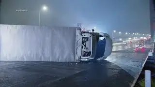 Big Rig Jackknifes on I-5 Freeway During Rainy Morning in Sun Valley