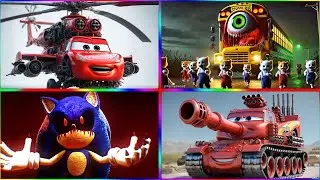 McQueen Helicopter 🆚Sonic EXE  🆚 School Bus Monster🆚 McQueen Tank 🎶 Tiles Hop