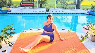 Hips, legs, and arm stretches with some leg lunges near the pool!