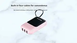 Mini 10000mAh Power Bank 4 Built-in Cables LED Light Fast Charge Cute Portable