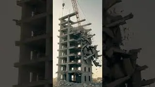 A unfinished concrete building structural failure after a crane arm strikes the upper framework.