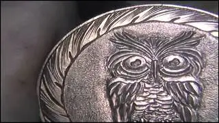 Hand Carved Ornate Owl 1884 Penny Hobo Nickel by Shaun Hughes