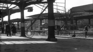 A wrecked railroad station platform in Worms, Germany during World War II. HD Stock Footage