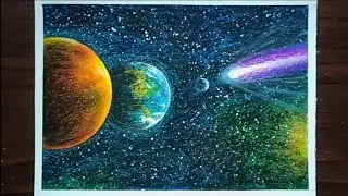 comet space scenery drawing , Neowise Comet , Art  with soft pastel colours for beginners