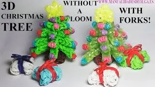 3D Christmas Tree Charm without rainbow loom, with 2 forks, tutorial diy rubber bands figures