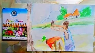 Easy Village Scenery Drawing With Cheap Coloured Pencils | Step by Step Tutorial