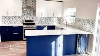Countertops Pure White Quartz kitchen design 2021. cabinets Blue