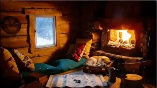 Blizzard Cabin Fireplace ASMR (No Ads) ❄️ Crackling Fire + Cozy Sleep White Noise | Dog Companion