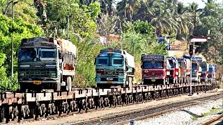 Trucks On Train! RORO Train Loading On Konkan Railway, India!