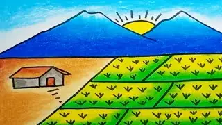 How To Draw Nature Scenery Rice Field And Mountain |Drawing House Scenery Easy
