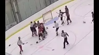 Adult League hockey fight after player takes baseball swing with hockey stick at goalie&rsquo;s head