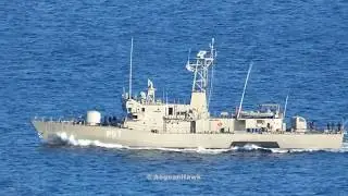 Hellenic Navy Gunboat P57 HS Kasos sailing Chios Strait in Aegean Sea.