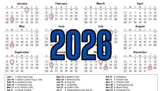 2026 Calendar (January, February, March, April...) with Holidays