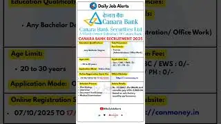 Canara Bank Recruitment 2025 | New Vacancy 2025 | Daily Job Alerts #shorts