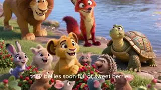A lion, a fox and a turtle play in the forest