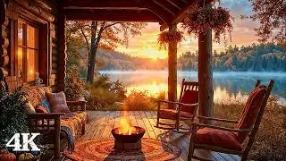 Autumn Lakeshore Cabin Porch | Lift Your Soul with Crackling Fire, Calming Waves & Soothing Birds
