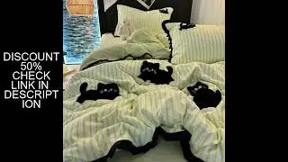 Korean Style Bedding Set Green Strip Black Cat Embroidery Washed Cotton  Duvet Cover Cute Cardboard