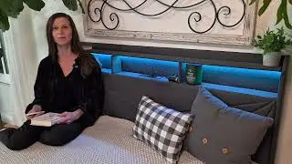 Queen Bed Frame with Charging Station & LED Lights, Upholstered Headboard with 2-Tier Storage