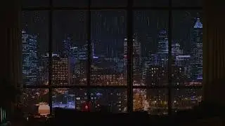 Late Night Office City View | Heavy Rain on Window Sounds | Deep Focus & Study 4K