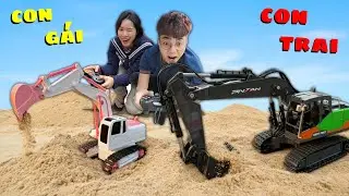 Thắng Tê Tê Chơi Thử Máy Múc của Con Trai với Máy Múc của Con Gái Điều Khiển Từ Xa