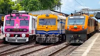 Different types of colourful Indian trains action at Balagarh railway station.
