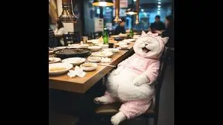 Fat Cat After K-BBQ Dinner! 🍖🤣 Pink Bear Cat So Full He Can't Move