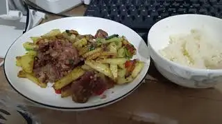 Lunch Stir fried potatoes with Chinese sausage