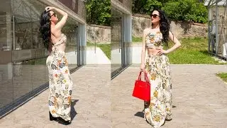 Beige Two Piece Halter Spaghetti Strap Crop Top and Floral Maxi Skirt Set