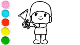 How to draw pocoyo holding a horn 📯 drawing and coloring for kids.