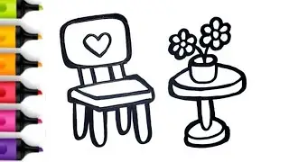 How to Draw Chair, Table and Flower Pot Drawing and Coloring For Kids & Toddlers | Drawing Furniture