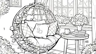 Cozy Floral Reading Nook Egg Chair Sunroom Spring Color Oasis #PaintbyNumbers #coloringbook