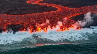 🔥🌊 When Molten Lava Meets the Sea: A Stunning Clash of Fire and Ocean Power
