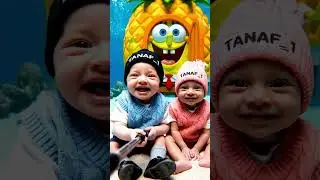 The twins with SpongeBob💛🤎 in Bikini Bottom#aitwin #shortsfeed #sora #spongebob