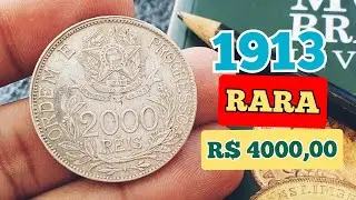 MOEDA 2000 R&Eacute;IS ANO 1913 ESTRELAS LIGADAS ,LINDA PRATA, VALORES ATUALIZADOS DE CAT&Aacute;LOGO.