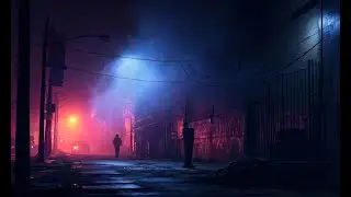A moody nighttime scene on an urban street with atmospheric fog, illum