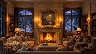 Snowy Night in a Cozy Library ❄️🔥 Fireplace Ambience & Warm Winter Atmosphere
