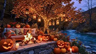 Cozy Halloween Patio Ambience 🎃✨ | River Campfire, Pumpkins & Autumn Lantern Lights 🍂🔥