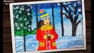 Winter Season scenery painting / Snowfall scenery drawing / Winter season drawing /step by step
