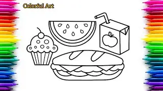 Food Coloring Page | Easy Drawing and Coloring | Sandwich, Cupcake, Juice & Watermelon