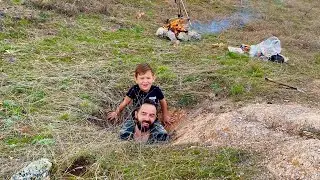 SURVIVAL SHELTER - EXPLORING A CAVE IN THE WILD FOREST - BUSHCRAFT 6 YEARS OLD CHILD TRAINING - ASMR