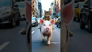 Cat Riding a Pig in the City#CatRidingPig #FunnyAnimals #UrbanAnimals #ViralVideo #CatLife