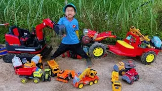 Em tu bi tổng hợp máy xúc nhấc bổng xe cần cẩu lên thùng xe ben, xe tải thùng dài kéo xe cứu hoả