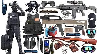 Special police weapon toy set unboxing,FMG9 folding submachine gun,Colt M1991 pistol,AK47 rifle,bomb