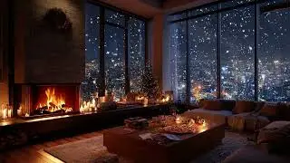 Winter Cabin Night Piano Music | Firelight Glow and Snow Storm for Deep Rest