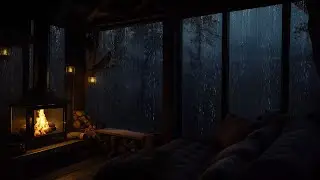 Soothing Rainstorm & Fireplace Sounds in Cabin Night Ambience for Sleeping