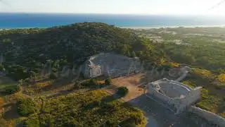 Gelemis, Turkey. Patara Ancient Theatre on Kursulu Hill aerial view, archaeological site with rui...