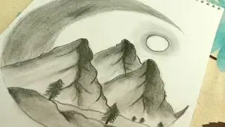 Learn How To Draw A Night LandScape Of Mountains With The Moon | Draw With Pencil | Easy Draw
