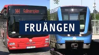 Tåg och buss vid Fruängen tunnelbana i södra Stockholm 2019