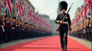 Iconic British Soldier Marching on a Red Carpet: Military Precision in Action
